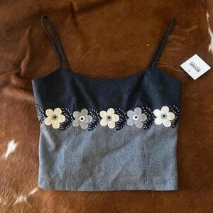 Floral Embroidered Gray and Black Women's Top
